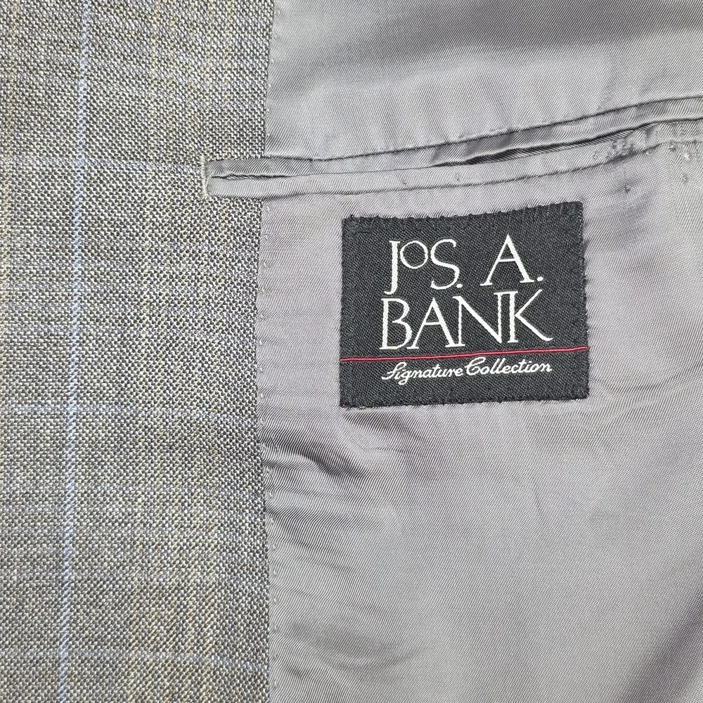 Jos A Bank‎ Blazer Mens 43R Gray Plaid Windowpane Silk Wool Blend Classic Preppy